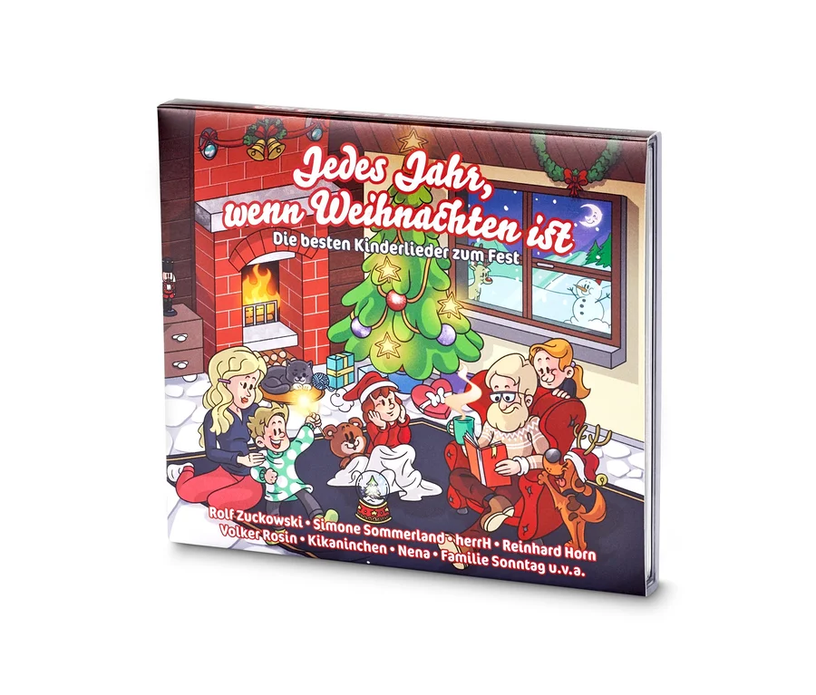 Cover der CD »Jedes Jahr, wenn Weihnachten ist« mit Illustration einer Familie am Kamin und Weihnachtsbaum.
