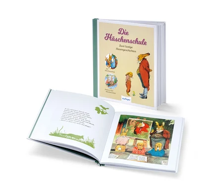 Zwei offene Ausgaben des Buchs "Die Häschenschule" zeigen Illustrationen von Hasen.