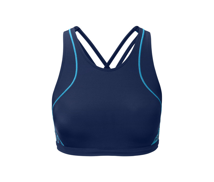 Detailaufnahme eines marineblauen Sport-Bikinitops mit türkisfarbenen Akzenten.