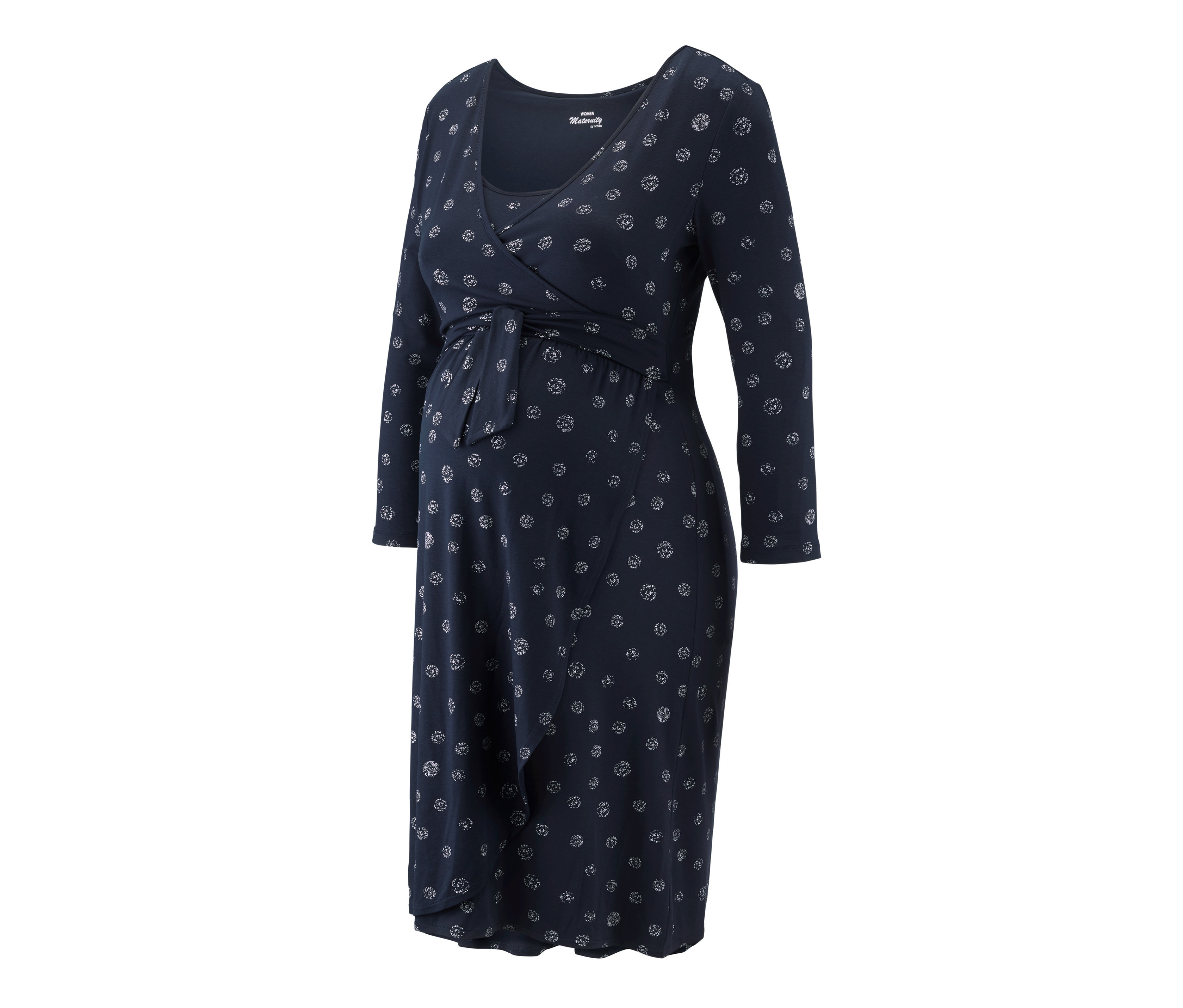 Marineblaues Umstandskleid in Wickeloptik mit Blumenmuster.