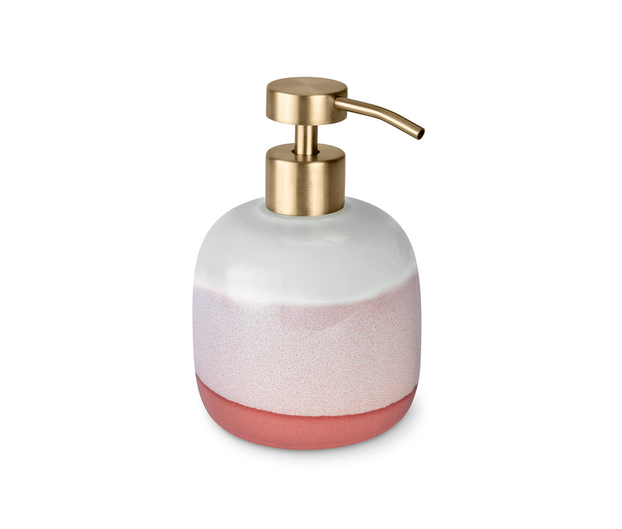 Seifenspender aus Keramik mit Messingpumpe, weißem Oberteil und rosa Unterteil.