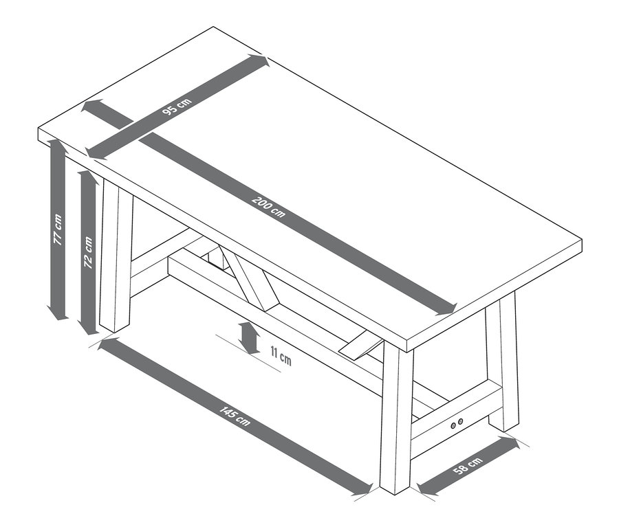 Zeichnung eines Dining-Tisches mit Beton-Tischplatte und Abmessungen.