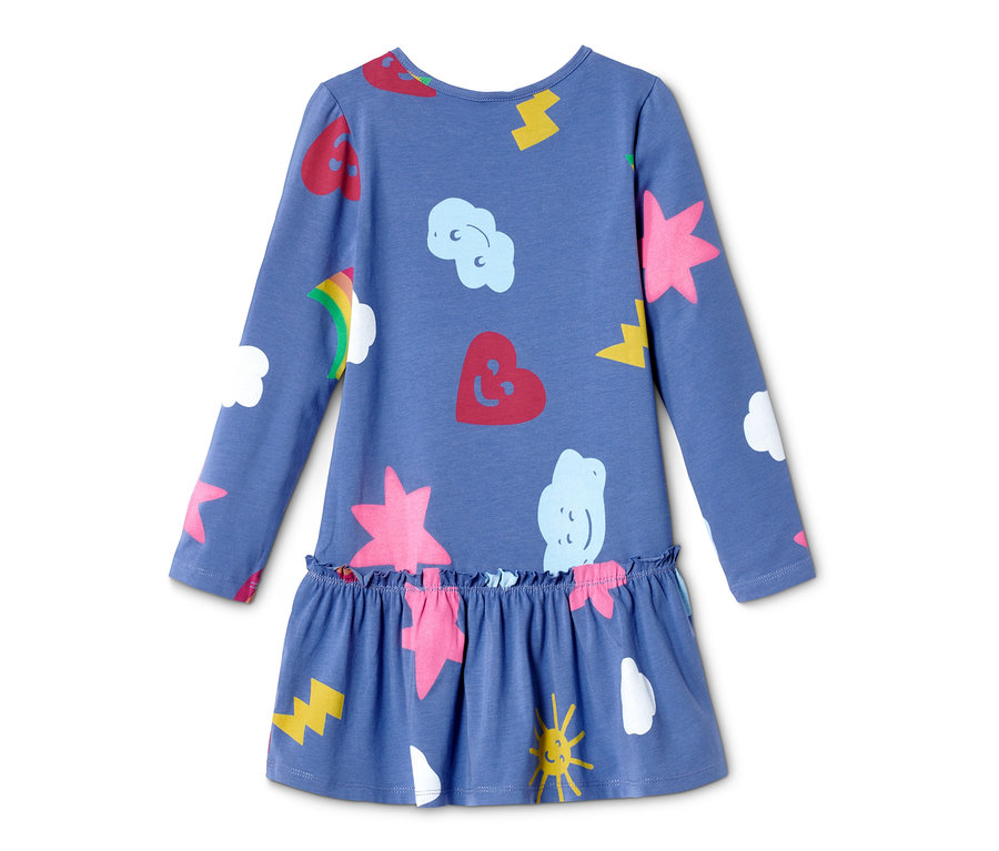 Blaues Jerseykleid aus Bio-Baumwolle mit langen Ärmeln und Print aus Wolken, Herzen, Sternen und Blitzen.