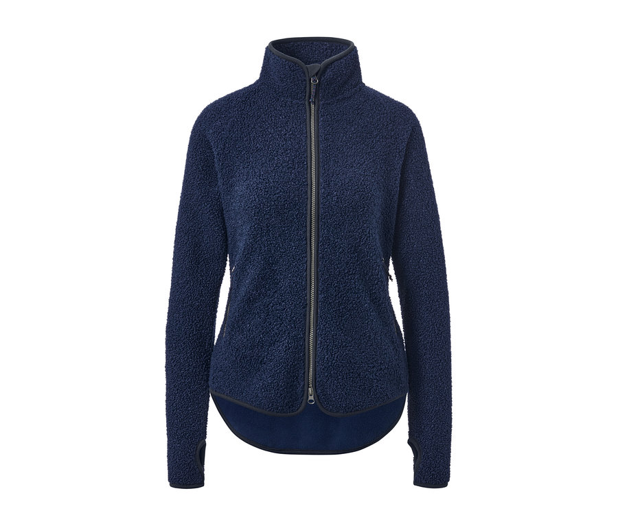 Blaue Teddy-Jacke mit Reißverschluss vorne.
