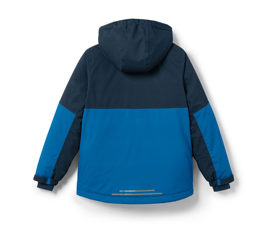 Detailansicht der Rückseite einer blau-dunkelblauen Kinder-Skijacke.