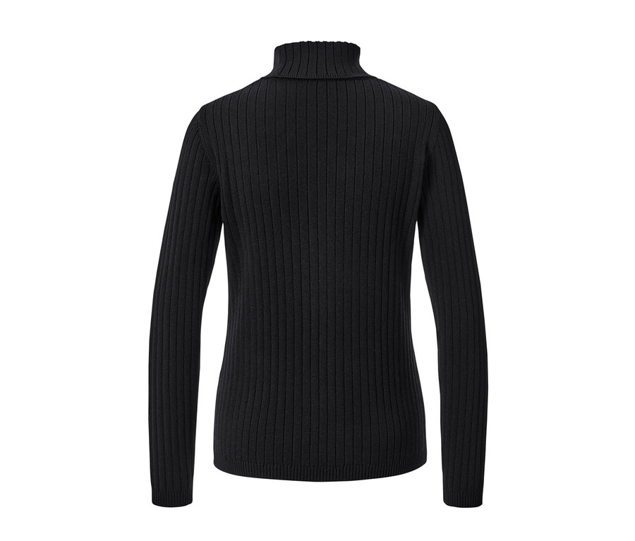 Schwarzer gerippter Rollkragenpullover.
