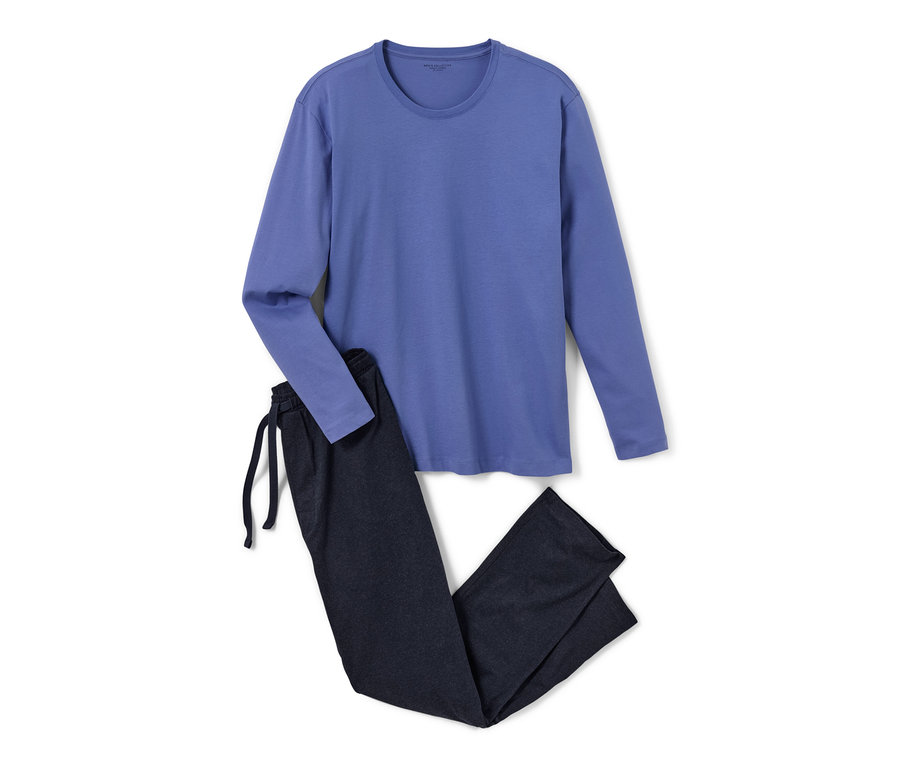Blau-dunkelblauer Pyjama mit langen Ärmeln und Hosen.