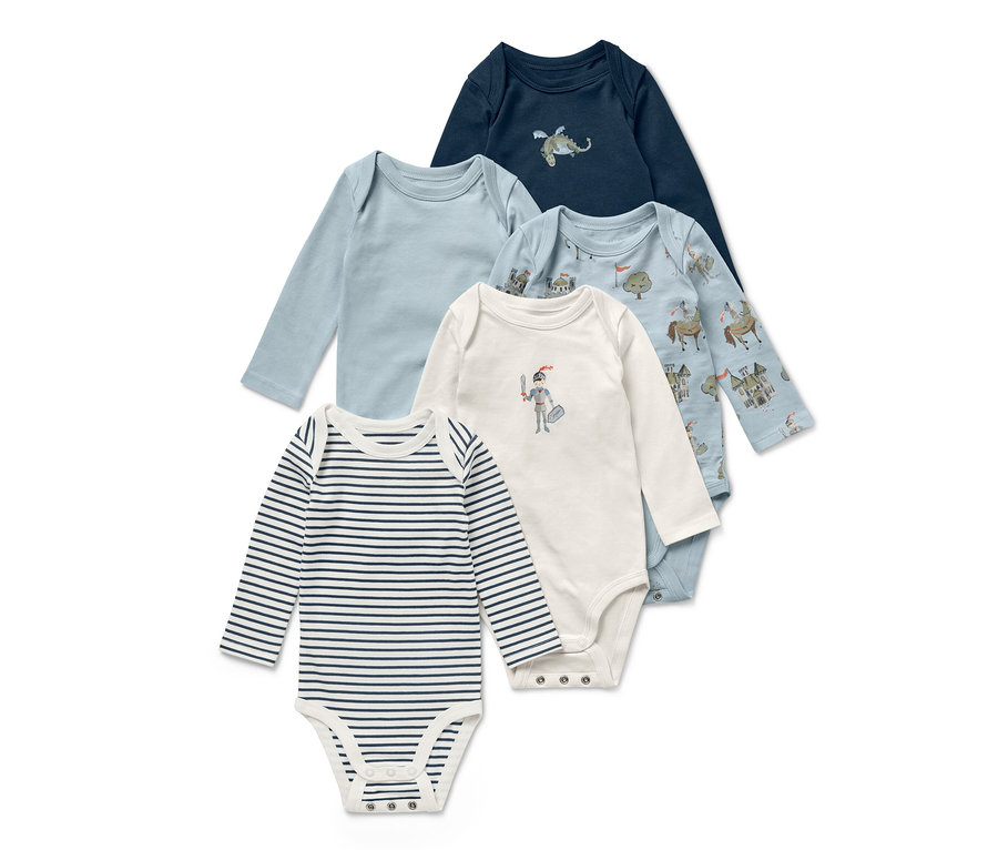 Fünf Baby-Bodys mit Mitwachsfunktion, Ritter.