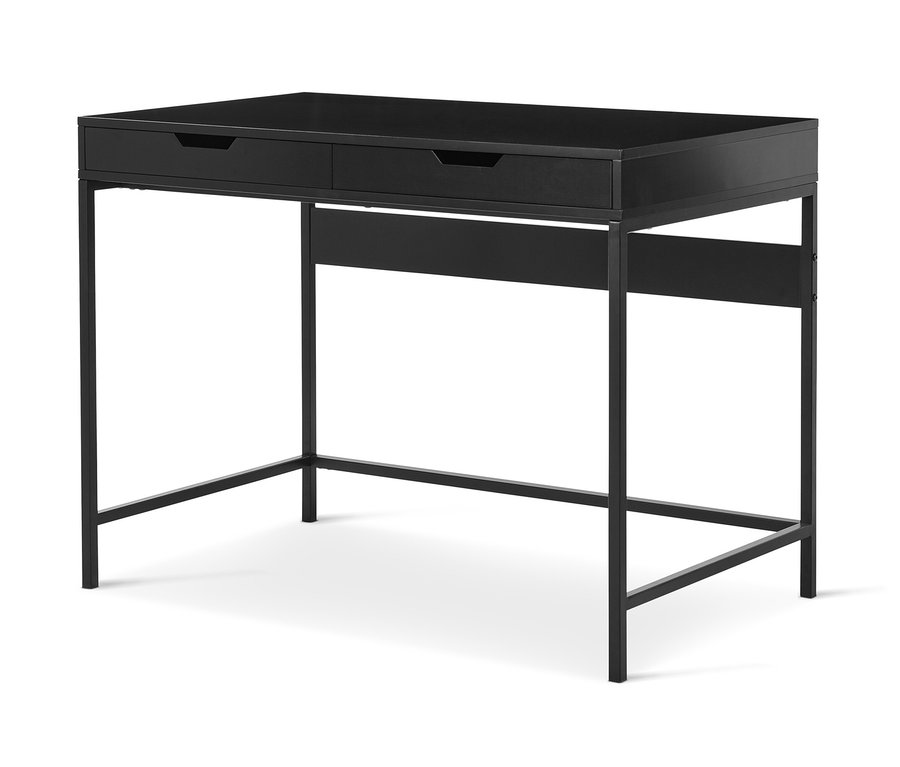 Schwarzer Schreibtisch mit Schubladen.