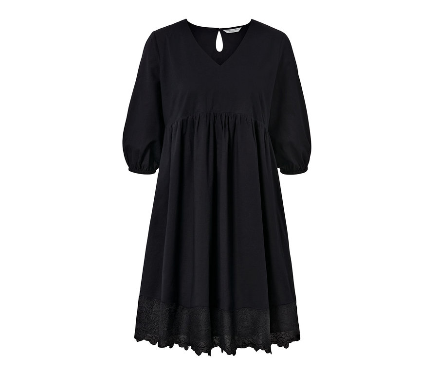 Schwarzes Webkleid mit Stickerei.