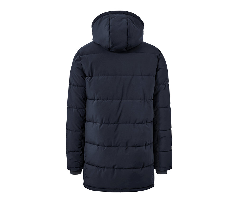 Von hinten ist ein marineblauer Stepp-Parka mit Kapuze zu sehen.