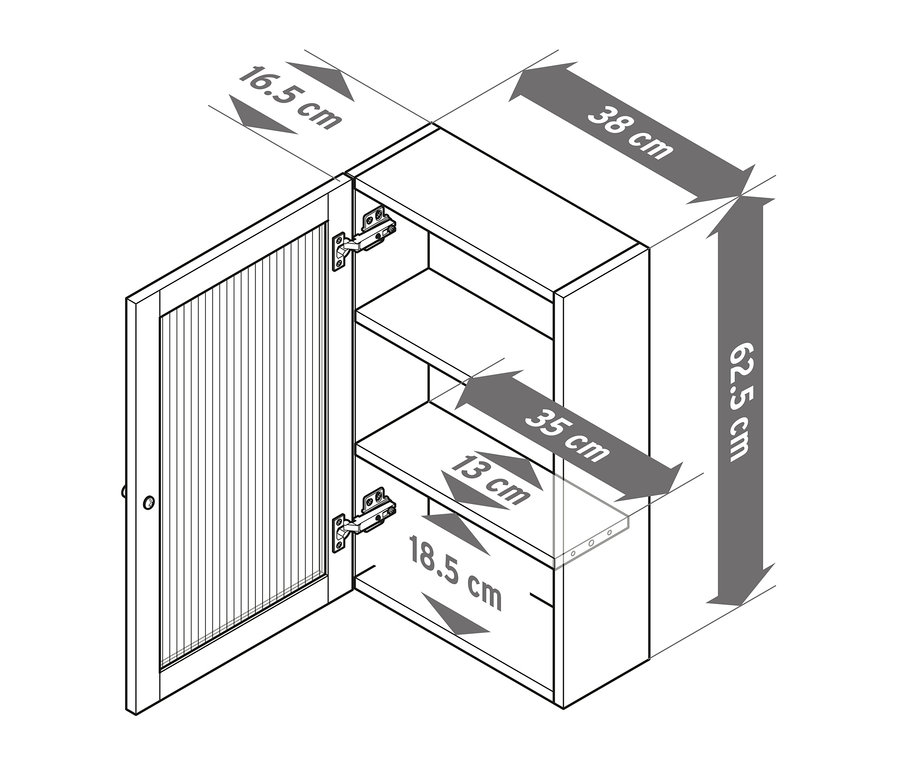Geöffneter Wandschrank mit Riffelglastür und Maßangaben.