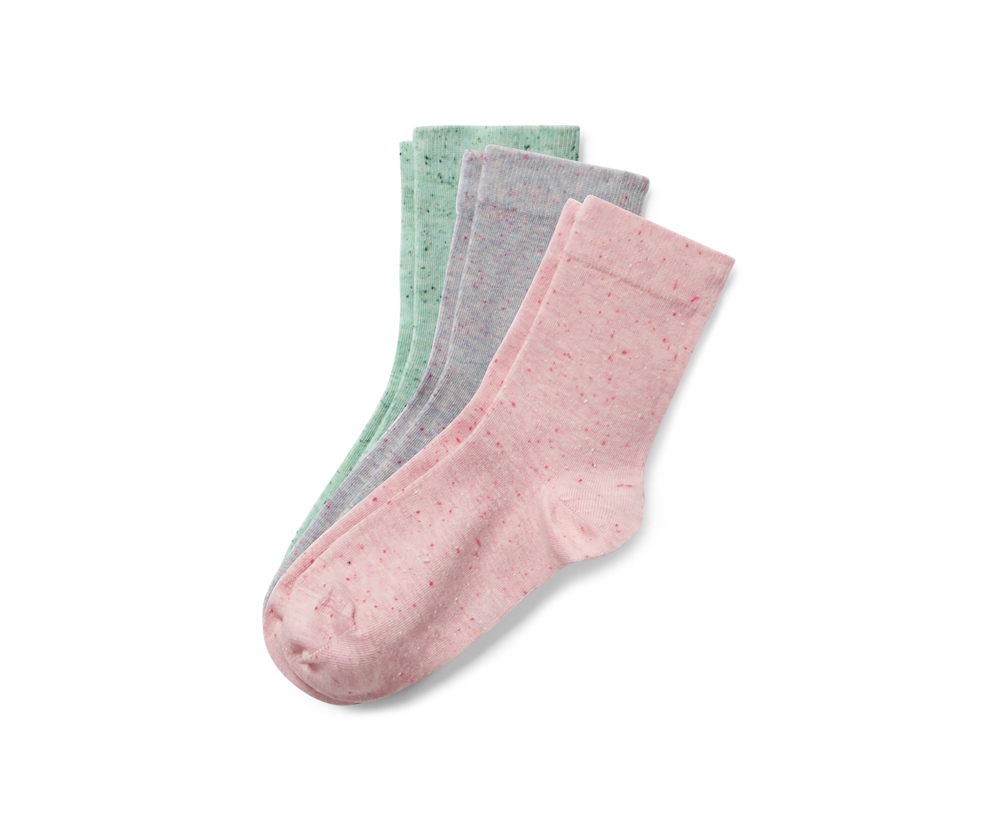 Drei Paar Socken mit Effektgarn in Grün, Grau und Rosa.