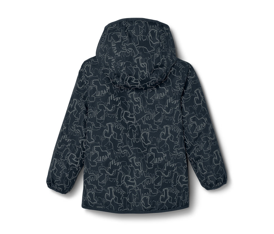 Rückansicht einer Kinder-Thermo-Regenjacke mit reflektierenden Elementen, Kapuze und Tiermuster.