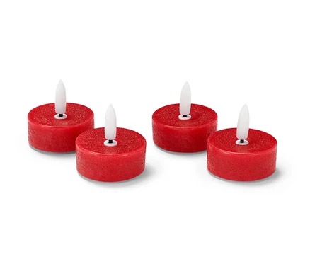 Vier rote LED-Echtwachs-Teelichter.