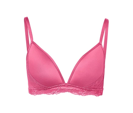 Nahaufnahme eines pinkfarbenen Spacer-Soft-BHs mit Spitzenbesatz.