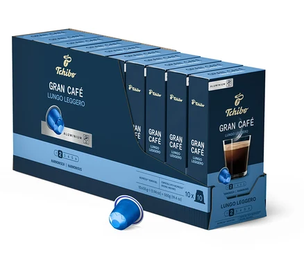 Eine Packung Tchibo Gran Café Lungo Leggero Kapseln. Die Packung ist blau und zeigt eine Kapsel und den Schriftzug.