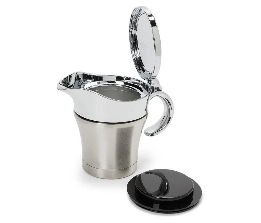 Edelstahl-Thermoskanne mit Chromdeckel und schwarzem Verschluss auf weißem Hintergrund.