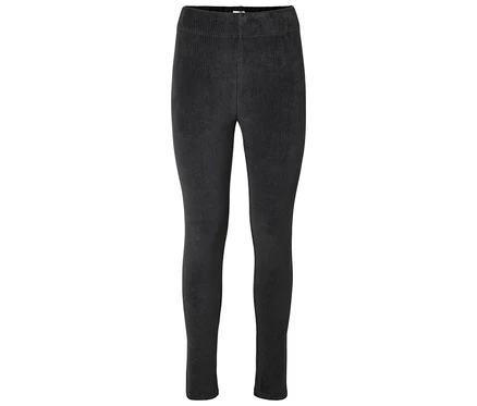 Schwarze Cord-Leggings auf weißem Hintergrund.