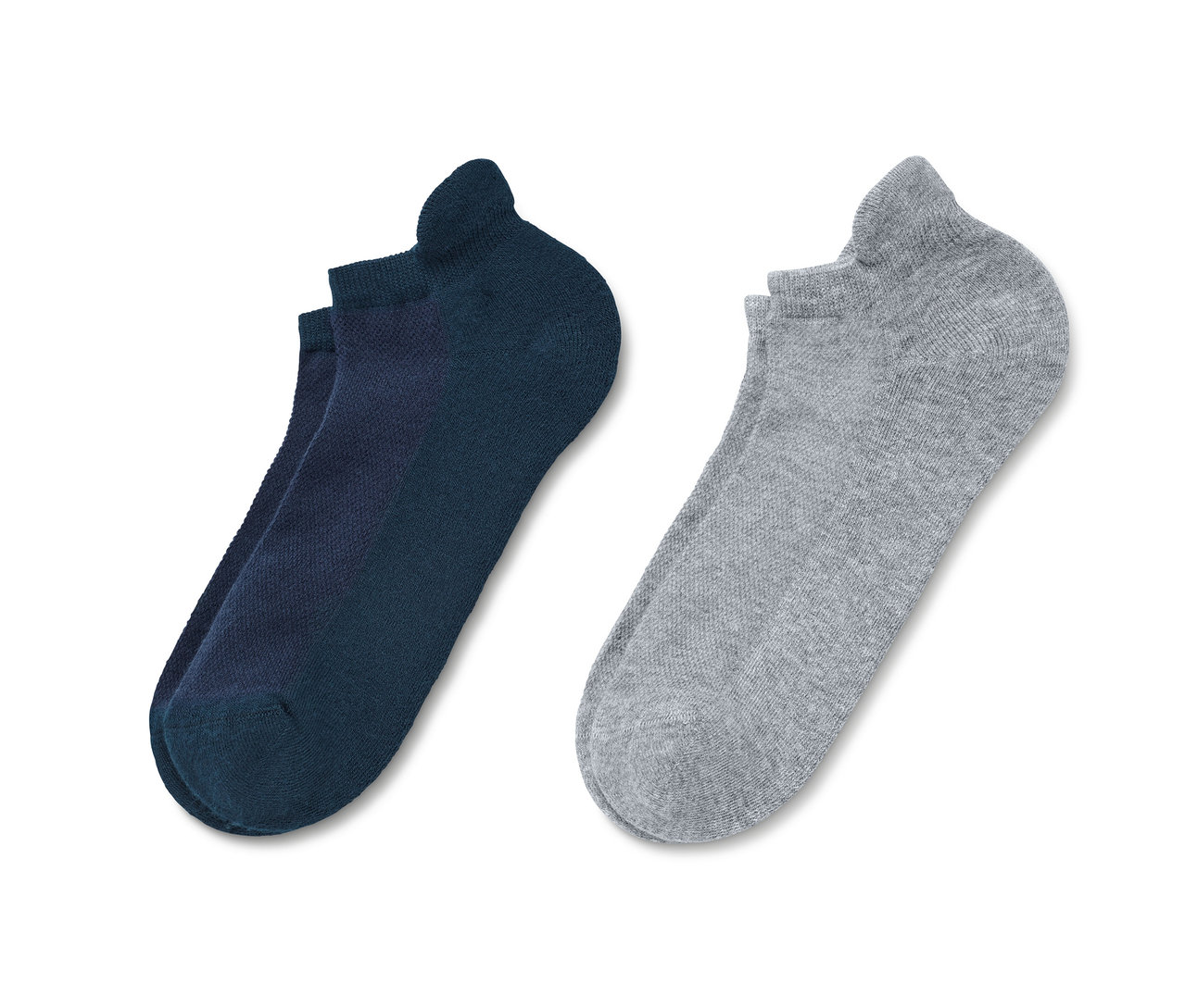 Zwei Paar Unisex Funktions-Sneakersocken: ein Paar dunkelblau, ein Paar grau.