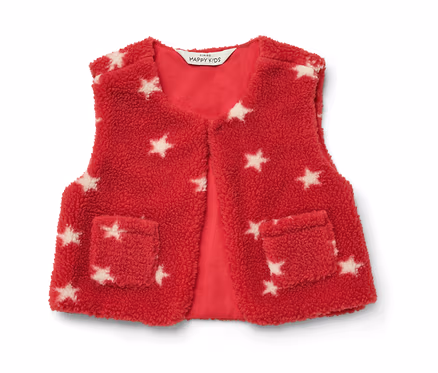 Rote, flauschige Weste mit weißen Sternen und zwei Taschen.