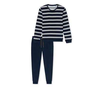 SCHIESSER Frottee-Pyjama-Set, bestehend aus einem geringelten Oberteil und einer unifarbenen Hose.
