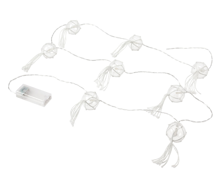 Eine LED-Kugel-Lichterkette auf weißem Hintergrund.