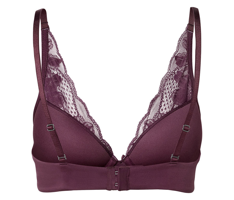 Detailansicht der Rückseite eines bordeauxroten BHs mit Spitze.