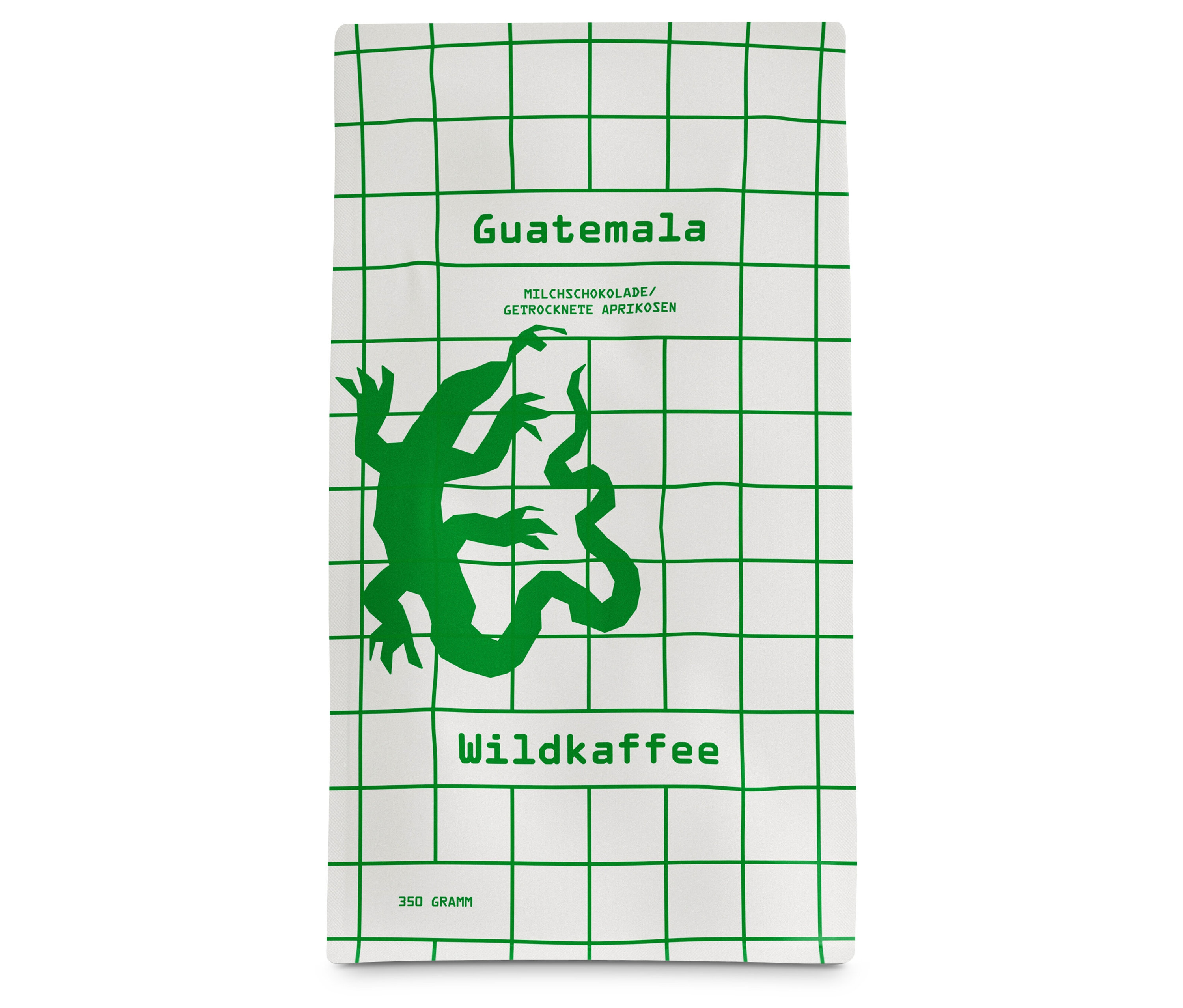 Verpackung Wildkaffee - Guatemala San Lorenzo Omni-Roast - 350 g Ganze Bohne mit grünem Reptilienmuster auf weißem Hintergrund.