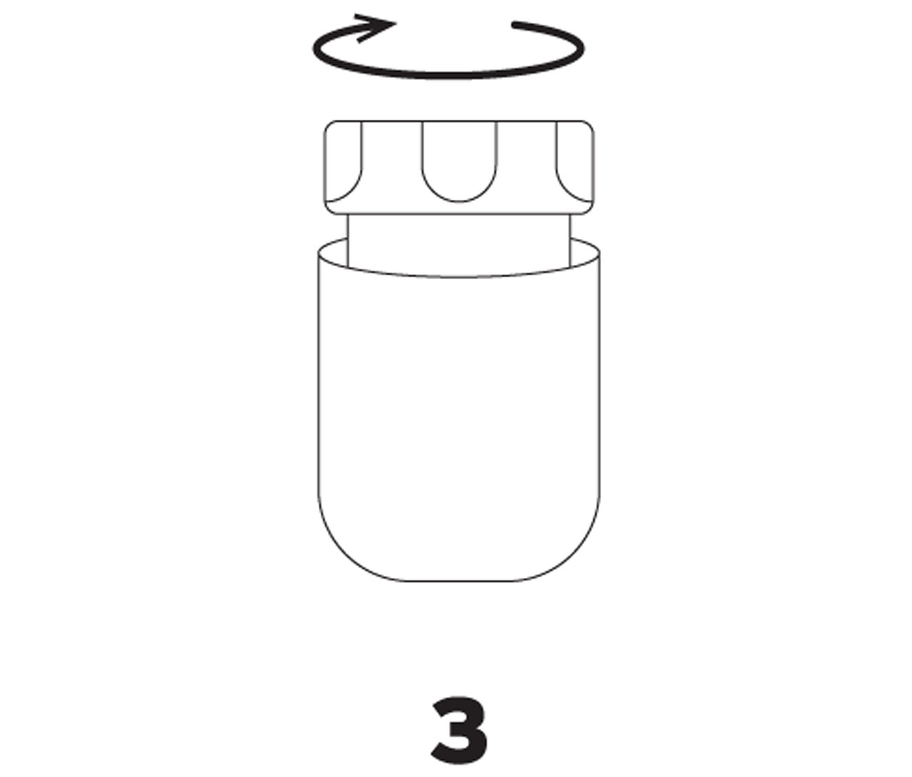 Die Zeichnung zeigt, wie man den Deckel eines Behälters dreht, mit der Nummer 3 unten.