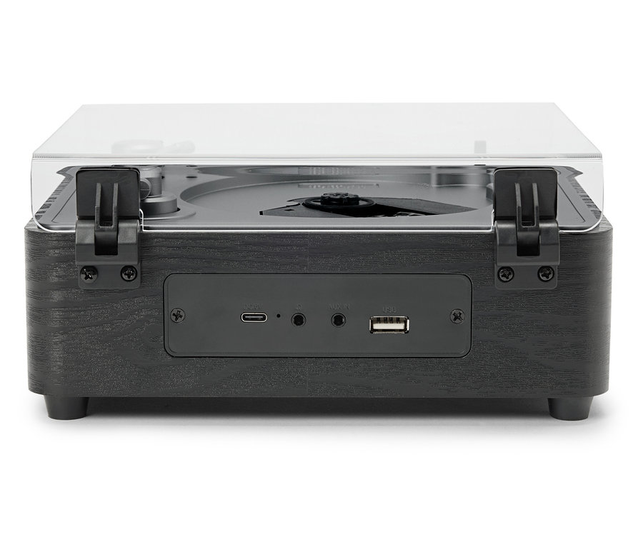 Frontansicht eines CD/Bluetooth-Lautsprechers mit leicht geöffneter, durchsichtiger Abdeckung.