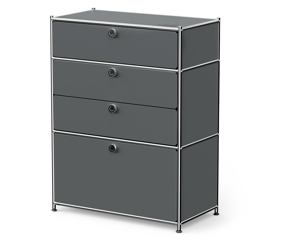 Graue Kommode mit vier Schubladen und silbernen Akzenten.