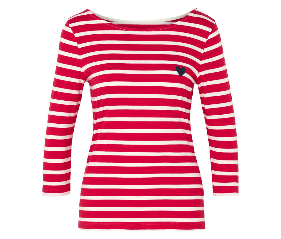 Rot-weiß gestreiftes Langarmshirt mit kleinem schwarzen Herz.