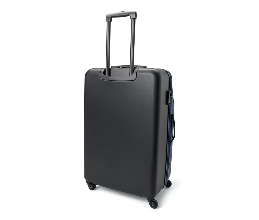 Schwarzer Hybridkoffer, groß, mit Teleskopgriff.