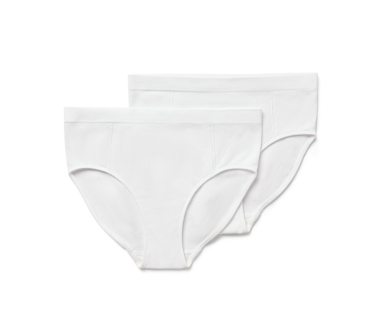 Zwei weiße Seamless-Pantys mit Rippstruktur.