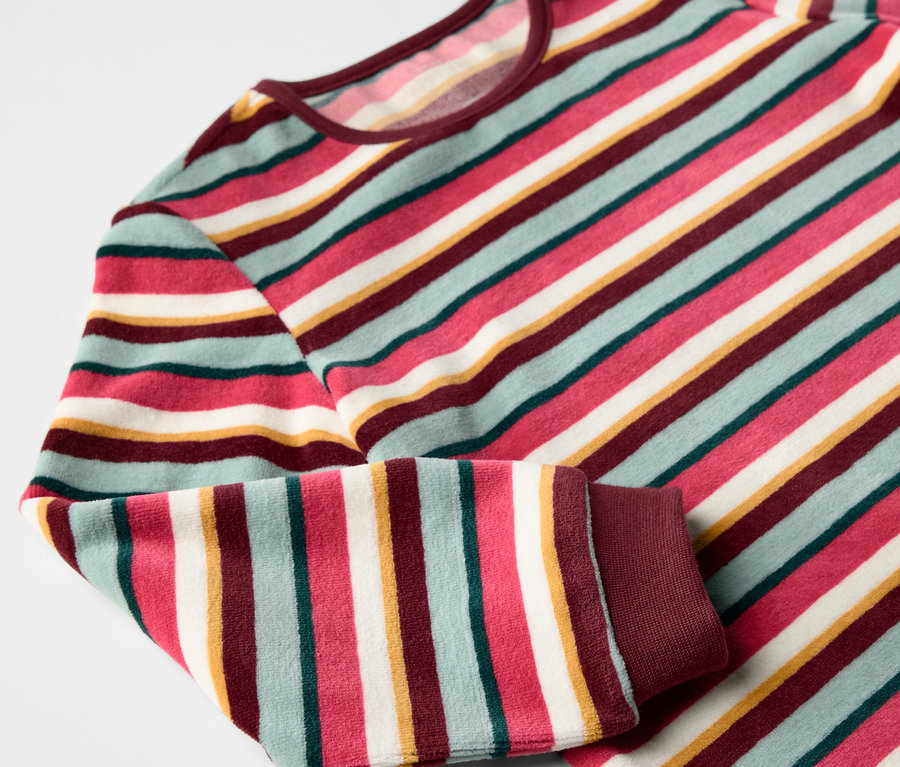 Detailansicht eines rot gestreiften Kinder-Nicki-Pyjamas.
