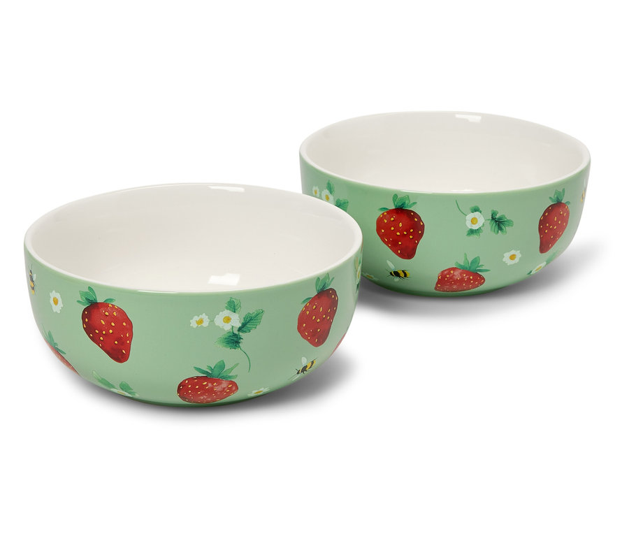 Zwei Schüsseln mit Erdbeermuster auf hellgrünem Hintergrund.
