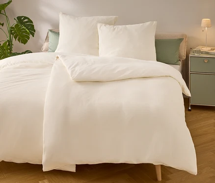 Bett mit hellbeiger Bettwäsche und Kissen. Auf dem Nachttisch stehen eine Lampe und ein Buch. Eine grüne Pflanze steht links vom Bett.