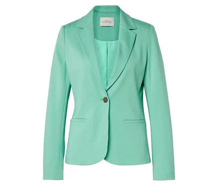 Mintgrüner Blazer mit Reverskragen, Knopfverschluss und Pattentaschen.