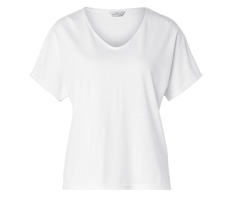 Weißes T-Shirt mit V-Ausschnitt, kurze Ärmel.