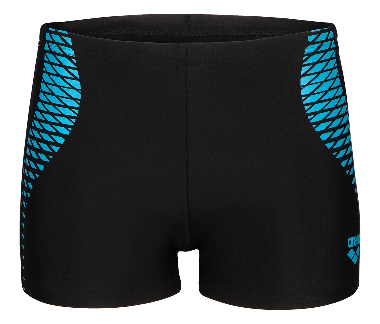 Schwarze Badehose mit blauem Muster an den Seiten.