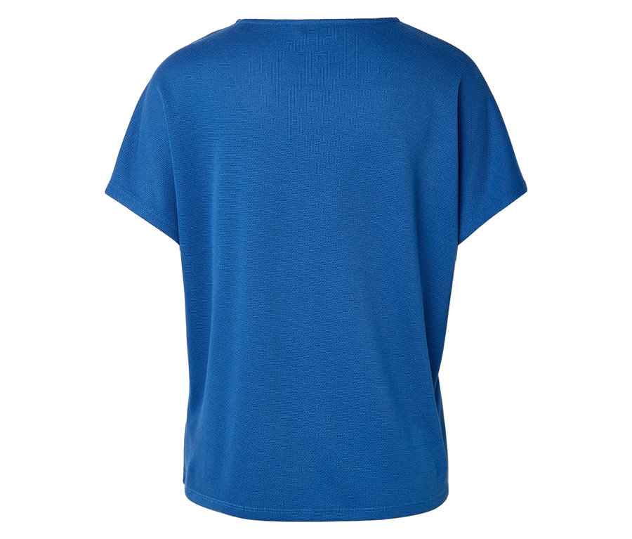 Rückansicht eines blauen T-Shirts mit kurzen Ärmeln.