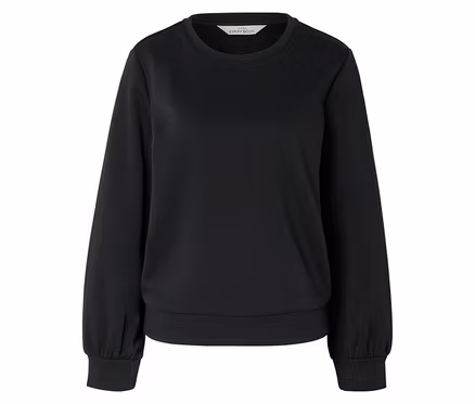 Schwarzes Langarmshirt mit Rundhalsausschnitt.