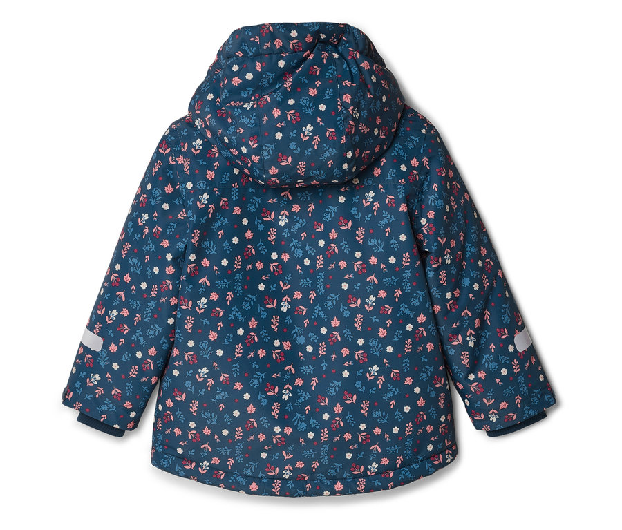 Rückansicht einer dunkelblauen, blumengemusterten Jacke mit Kapuze.