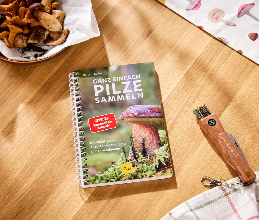 Ein spiralgebundenes Buch "Ganz einfach Pilze sammeln" liegt auf einem Holztisch neben einem Pilzmesser mit Bürste und Kompass. Links oben steht eine Holzschale mit gesammelten Pilzen, rechts oben ein Tuch mit Pilzmotiven.