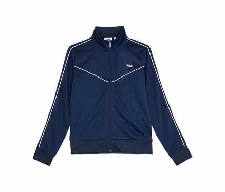 Dunkelblaue Trainingsjacke mit Stehkragen, durchgehendem Reißverschluss, weißen Streifen an den Ärmeln, einem weißen Chevron-Muster auf der Brust und einem Fila-Logo auf der linken Brust.
