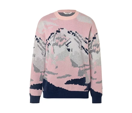 Rosa, grauer und dunkelblauer Pullover mit abstraktem Berglandschaftsmuster, Rundhalsausschnitt sowie dunkelblauen Bündchen und Saum.