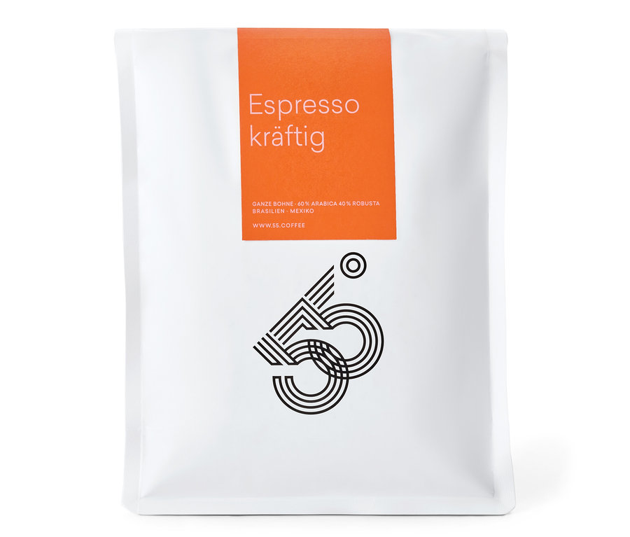 Eine Packung 55 Degrees - Espresso kräftig - 1 kg Ganze Bohne.