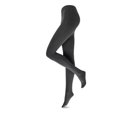 Dunkelgraue melierte Strumpfhose auf einer unsichtbaren Schaufensterpuppe, die Beine und den unteren Rumpf zeigt.
