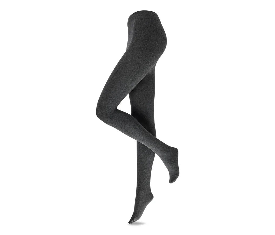 Dunkelgraue melierte Strumpfhose auf einer unsichtbaren Schaufensterpuppe, die Beine und den unteren Rumpf zeigt.
